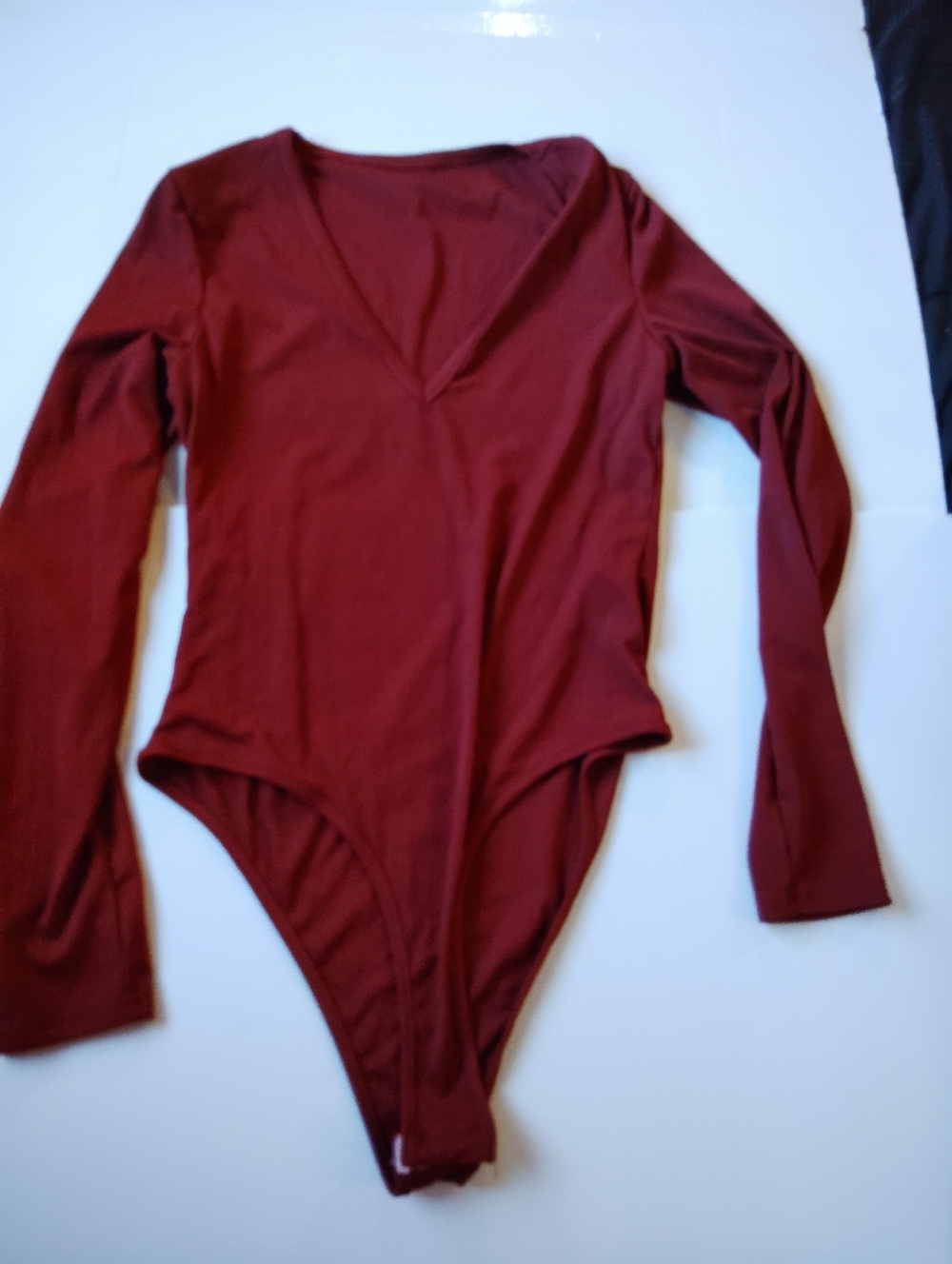 SHEIN Ribbed V-Neck Long Sleeve Bodysuit - Wine Red